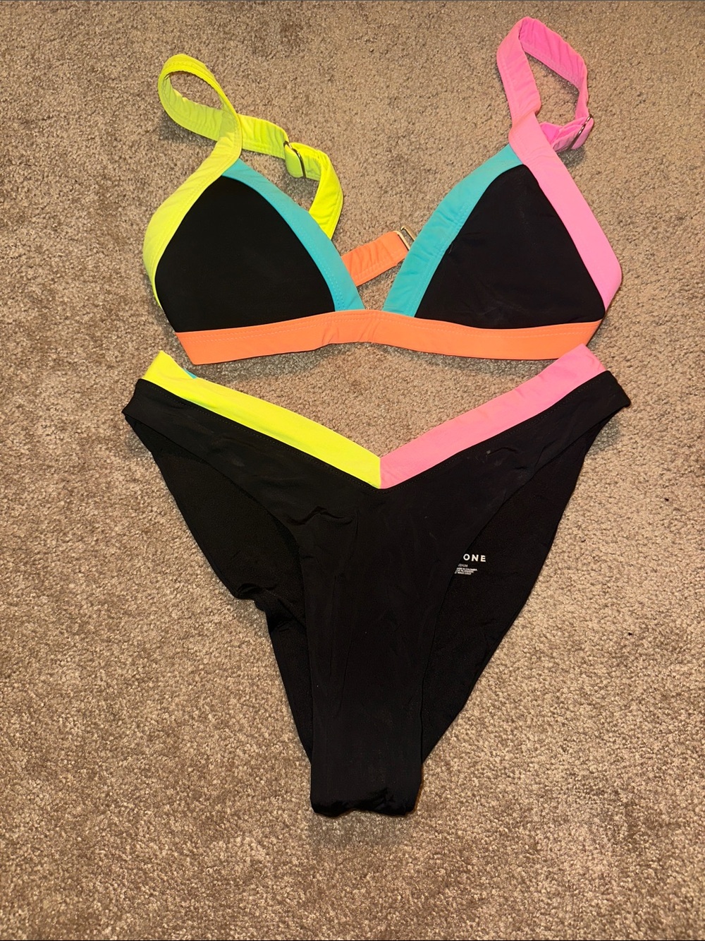 Black Triangle Bikini with Neon Pink, Yellow & Aqua Trim - Women Swim